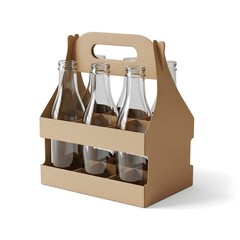 Kraft paper six-pack bottle carrier mockup, blank beverage packaging, sustainable drink holder template, brown cardboard box