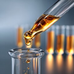 Golden Drops of Innovation: Precise Liquid Transfer in Laboratory, Symbolizing Scientific Research and Pharmaceutical Development
