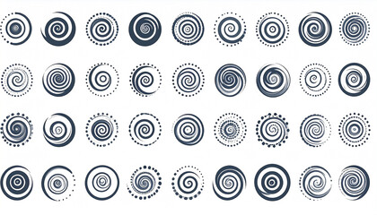 A collection of 36 unique, dark-grey spiral designs on a white background; various styles, thicknesses, and dot patterns