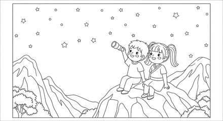 Two children sitting on a mountain looking at the stars with a telescope isolated on transparent background