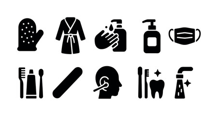Personal hygiene silhouette icon set. bath, oral care, cleanliness silhouette collection