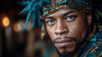 A close-up portrait of a cultural performer with striking blue eyes and decorative headgear, exuding confidence and vibrant energy in a festive atmosphere.