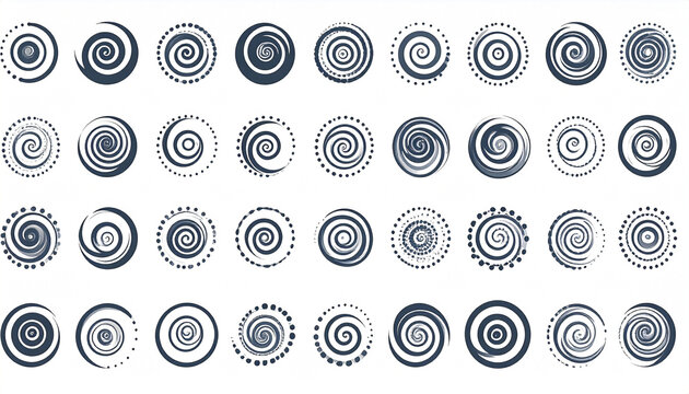 A collection of 36 unique, dark-grey spiral designs on a white background; various styles, thicknesses, and dot patterns
