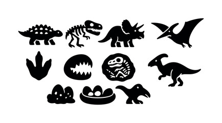 Naklejka premium Dinosaur silhouette icon set. fossils, eggs, prehistoric creatures collection