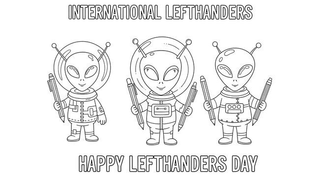 Three cartoon aliens holding pencils celebrating international left handers day isolated on transparent background - Powered by Adobe