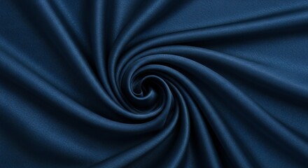 Close-up of glossy dark blue fabric in a spiral pattern, emphasizing texture and sheen with soft lighting.