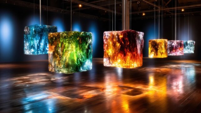 Suspended colorful light cubes in an art gallery create an immersive visual experience, reflecting vibrant colors and patterns on the polished floor of the exhibition space.