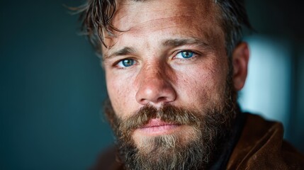 Obraz premium A captivating close-up of a rugged man with a beard and mesmerizing blue eyes, revealing depth of character and allure through his expressive gaze and raw aesthetics.