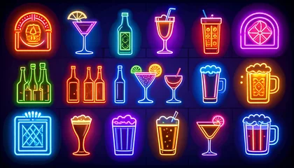 Wandcirkels Bar Vibrant neon signs depict various alcoholic and non-alcoholic beverages, bar equipment, and jukebox icons against a dark textured background  © WINDA KRISDAYANTI