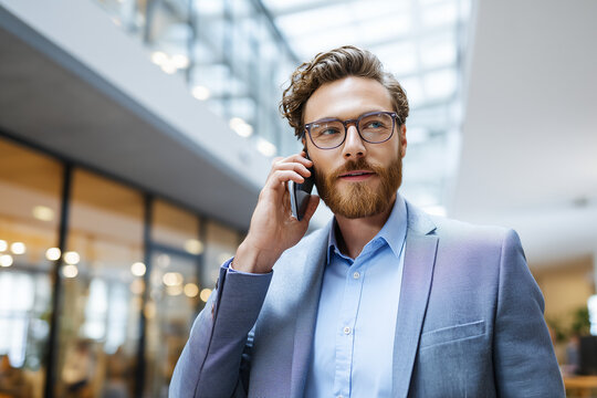 Businessman talking on smartphone in office modern businessman communi