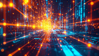 Fototapeta premium Abstract Neural Web with Data Pulses and Copy Space. AI themed Background. Generated Image