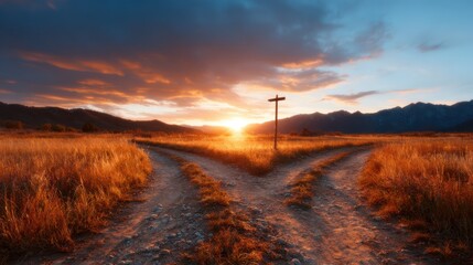 A breathtaking sunset illuminates a scenic landscape where two paths diverge, symbolizing choice, opportunity, and the journey of life in beautiful surroundings.