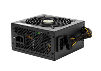 ATX PC Power Supply Unit A CloseUp View of a Black Computer Power Supply isolated on transparent baackground