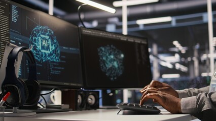 Close up of data center admin coding, writing script on PC identifying bottlenecks. Server farm IT...