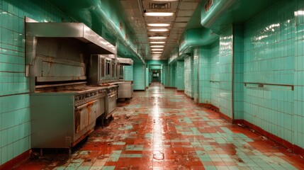 A hauntingly beautiful view of an abandoned kitchen showcasing turquoise walls and vintage appliances, evoking a sense of nostalgia and urban decay in the space.