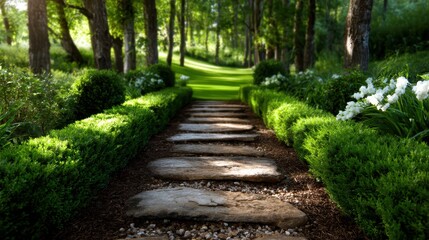 A serene stone pathway meanders through a lush green garden, framed by manicured bushes and flowers, inviting a peaceful stroll through nature's beauty.