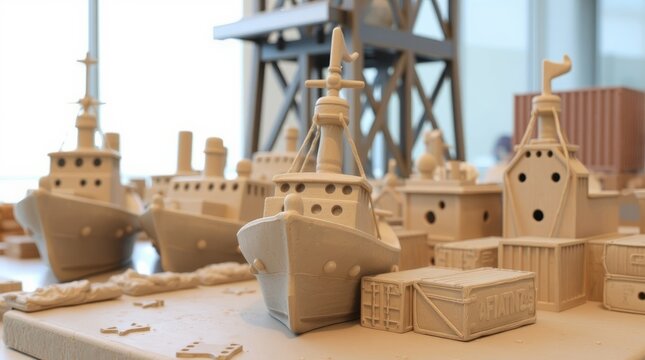 Clay Ship Models: A collection of meticulously crafted clay models of cargo ships and harbor structures, showcasing intricate details and a monochromatic color palette. 