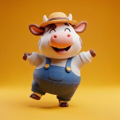 Happy farmer cow cartoon character with straw hat and overalls
