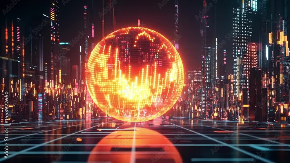 Poster digital art featuring a large, glowing sphere emanating light and data streams within a futuristic c