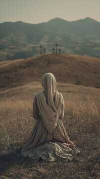 A 31-year-old Italian woman in Christian tibe, kneeling in prayer in a peaceful natural landscape, wearing a simple flowing dress and a light shawl over her hair, Three Christian Crosses