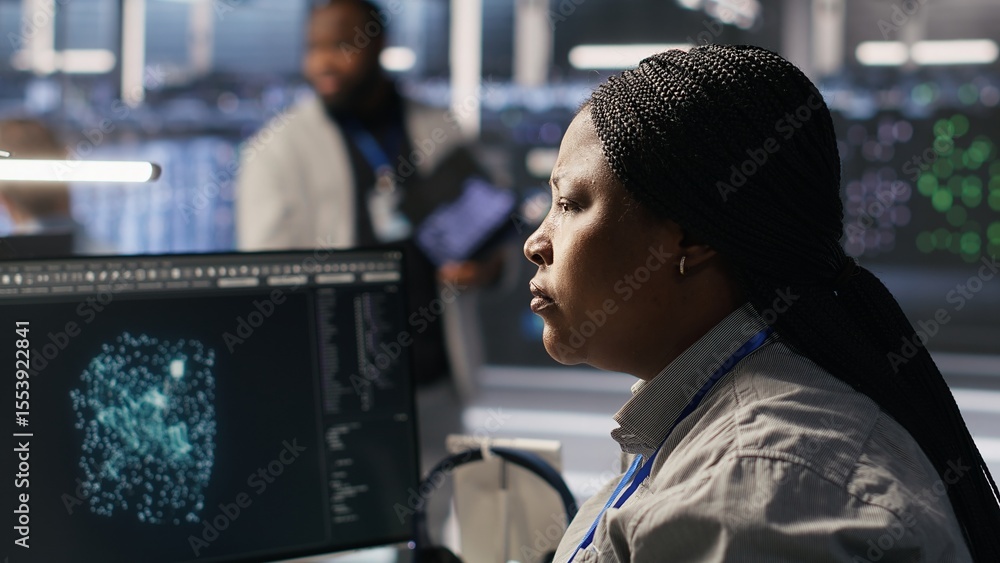 Poster data center system administrator using pc to monitor neural network ai visualization. african americ