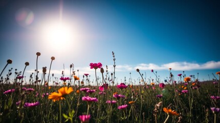 Blooming Radiance: A vibrant tapestry of wildflowers basks under the sun. Each petal is kissed by the sun's golden rays, celebrating the beauty of a clear sky. 