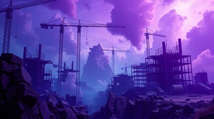 Construction Zone in the Sky: Cranes stand tall against a majestic, vivid sky backdrop, set on an industrial construction site where the building's skeleton is already built.