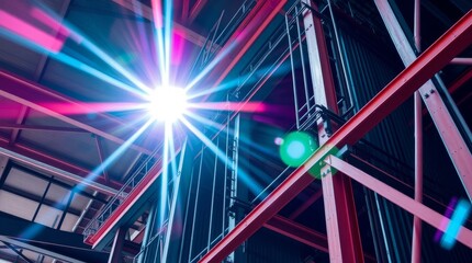 Industrial Beam Symphony: Witness a captivating display of vibrant beams of light dancing through an industrial setting, casting dynamic shadows and painting an atmosphere of futuristic energy.