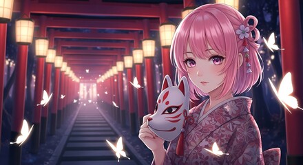 Anime girl with pink hair and kimono, holding a kitsune mask, stands before a path of red torii gates illuminated by lanterns. Butterflies flutter around her.