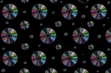 Seamless music pattern with colorful cds. Illustration with rainbow cds with glitter diamonds and texture, black background, collage. Abstract background, texture, pattern for design