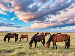 Fototapeta premium Wild horses grazing in open field under dramatic sunset sky
