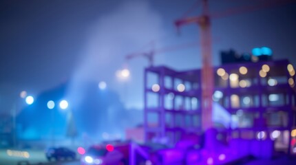 Nighttime Construction Scene: A captivating blurred vision of a city construction site at night, revealing crane and structural framework amid a hazy atmosphere.