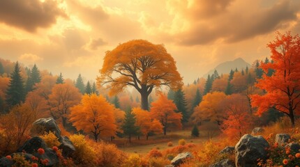 Golden Autumn: A vibrant autumnal landscape, with a central tree radiating golden leaves, set against a backdrop of rolling hills and a cloudy sky.
