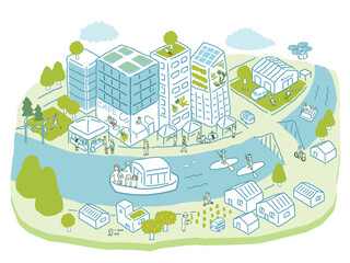 水辺のまちづくり 　アイソメトリックイラスト