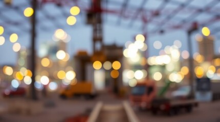 City lights and Construction Site Bokeh: Capturing the dreamy essence of a construction site through the lens of bokeh, where golden lights intertwine, creating a hazy spectacle of urban life at dusk.