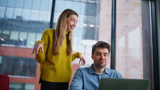 Company professionals talking laptop webcam on remote meeting smiling closeup. 