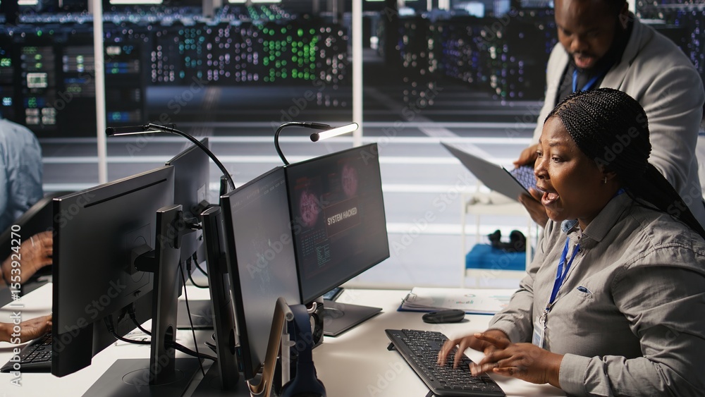 Poster scared technician in server room responding to hacking detection, requesting help from colleagues to