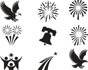 Black silhouette icons of eagle fireworks liberty bell and people celebrating bird flight
