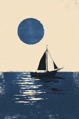 Blue Sailing Boat Illustration – Roller Paint Style Minimal Artwork

