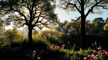 Nature's Embrace: Sunlight filters through the leaves of a vibrant green forest, illuminating a peaceful landscape of tranquility, inviting viewers to immerse themselves in nature's tranquil beauty.