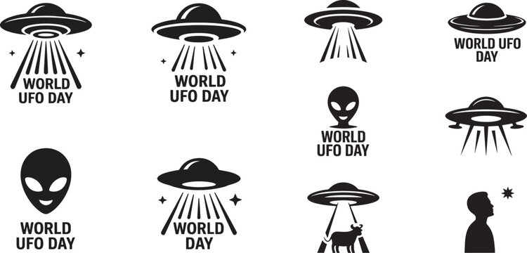 Black silhouette icons of flying saucers aliens and cow abduction for World U F O Day vector
