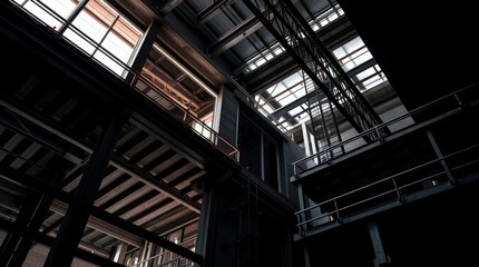 Architectural Geometry: An abstract composition of lines and angles, showcasing the stark beauty of an industrial interior, with a play of light and shadow emphasizing the structure and materials. 