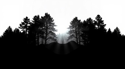 Mystical Forest Silhouette: A captivating silhouette of a forest, with towering trees and a path leading towards a brilliant light source in the distance. evokes a sense of mystery, solitude.