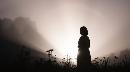 Solitude Silhouette: A lone figure stands silhouetted against the radiant sunrise, embodying tranquility and reflection within the expansive landscape