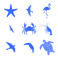 Fototapeta premium Nine blue silhouettes of various animals including marine life and birds. 