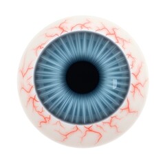 High-detail 3D render of a realistic human eyeball featuring a blue iris, dark pupil, and red veins, isolated on a white background, perfect for medical, anatomical, or horror design use