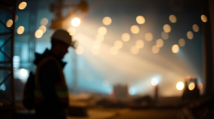 Industry Silhouette: A solitary construction worker stands in a dimly lit industrial setting. Captured by the warm glow of the lights.