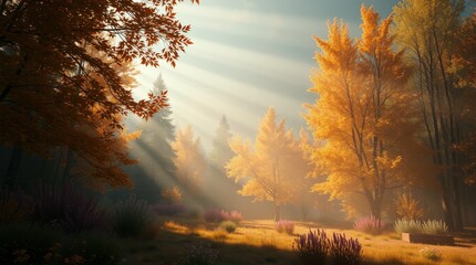 Golden Sunlight Through Trees: A picturesque autumn landscape, capturing the sun's rays filtering through trees. The vivid golden hues of the foliage create a serene and peaceful ambiance. 