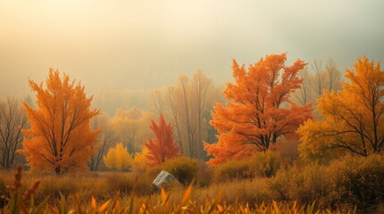 Autumnal Serenity: A captivating landscape presents vibrant autumn colors, with trees and foliage ablaze in hues of gold and orange. The soft, diffused light casts a gentle glow over the scene.