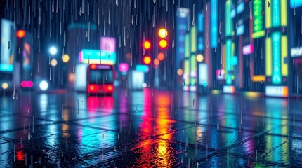 Neon Reflections: A vibrant city scene comes alive at night, the streets glistening with the reflections of neon lights during a rain shower, creating a captivating atmosphere.
